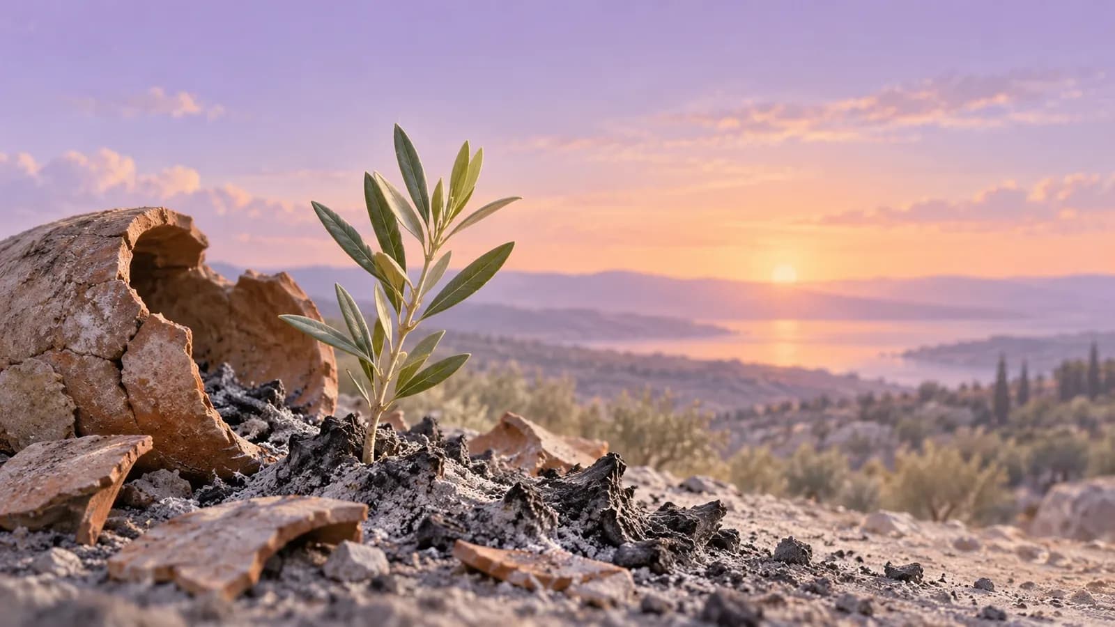 An olive shoot grows among ashes and broken pottery beneath a pastel sunrise.