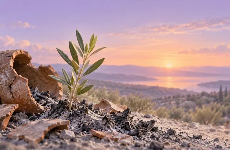 An olive shoot grows among ashes and broken pottery beneath a pastel sunrise.